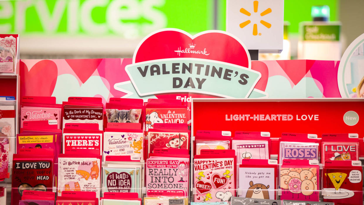 Las Vegas, NV, USA 2/4/2020 — Hallmark and other Valentine’s Day greeting cards at a local Walmart Neighborhood Store.