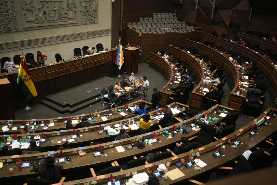 Los legisladores votan para aprobar o rechazar un crédito para el Estado durante una sesión en la Asamblea Legislativa Plurinacional en La Paz, Bolivia, el viernes 1 de marzo de 2024. (AP Foto/Juan Karita)