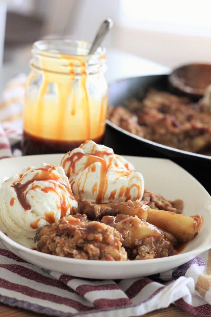 Skillet Bacon Apple Crisp with Salted Bourbon Caramel