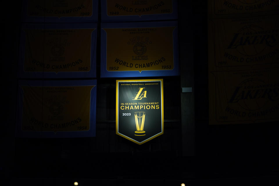 The Lakers' latest championship banner is officially hanging in the rafters at Crypto.com Arena.