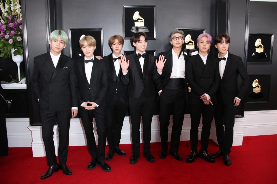 February 10, 2019; Los Angeles, CA, USA; BTS attends the 61st Annual GRAMMY Awards on Feb. 10, 2019 at STAPLES Center in Los Angeles, Calif. Mandatory Credit: Dan MacMedan-USA TODAY NETWORK (Via OlyDrop)