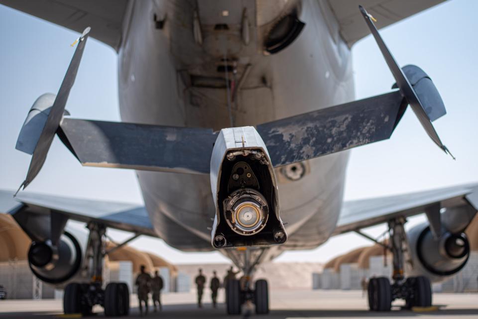The boom of a KC-10 Extender sits on display after an inactivation ceremony for the 908th Expeditionary Air Refueling Squadron at Prince Sultan Air Base, Oct. 4, 2023. <em>U.S. Air Force photo by Tech. Sgt. Alexander Frank</em>