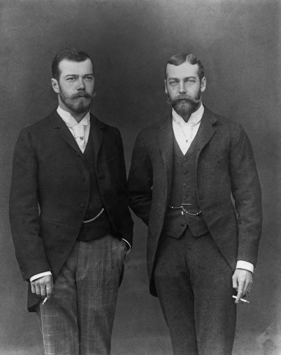 The Tsarevich of Russia (1868 - 1918, later Czar Nicholas II of Russia, left), with his cousin, Prince George, Duke of York (1865 - 1936, later King George V), UK, 1893. Nicholas is in Britain for George's wedding to Princess Mary of Teck. (Photo by Hulton Archive/Getty Images)