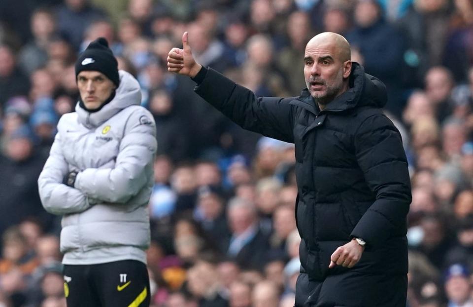 Chelsea boss Thomas Tuchel, left, watches on alongside City counterpart Pep Guardiola (Martin Rickett/PA) (PA Wire)