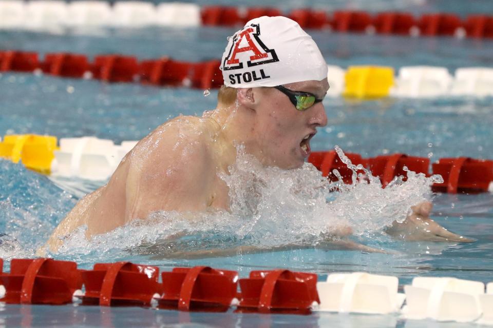 Jonathan Alder's Eli Stoll competes in the 200-yard individual medley during the Division II state meet Feb. 25 at Branin Natatorium in Canton.