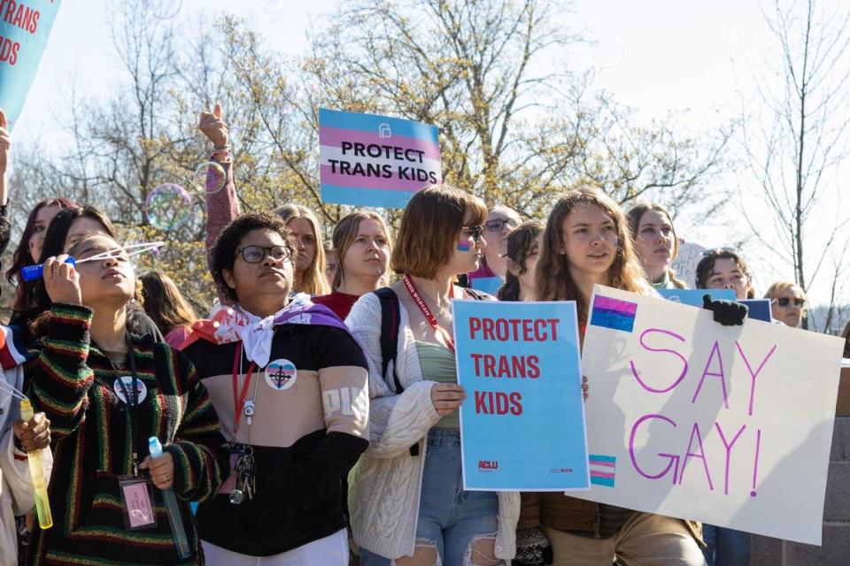 Teens from various areas of Kentucky gathered in front of the Kentucky Capitol Annex building Wednesday morning to protest against SB150 which would ban gender-affirming health care for transgender teens, March 29, 2023