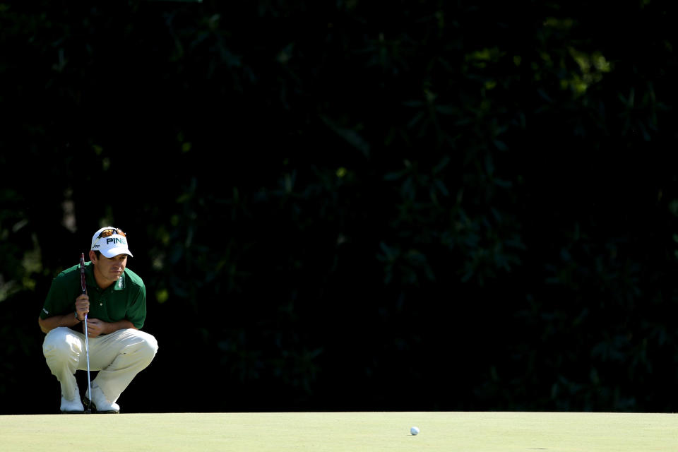 AUGUSTA, GA - APRIL 08: Louis Oosthuizen of South Africa lines up a putt on the fifth hole during the final round of the 2012 Masters Tournament at Augusta National Golf Club on April 8, 2012 in Augusta, Georgia. (Photo by Andrew Redington/Getty Images)