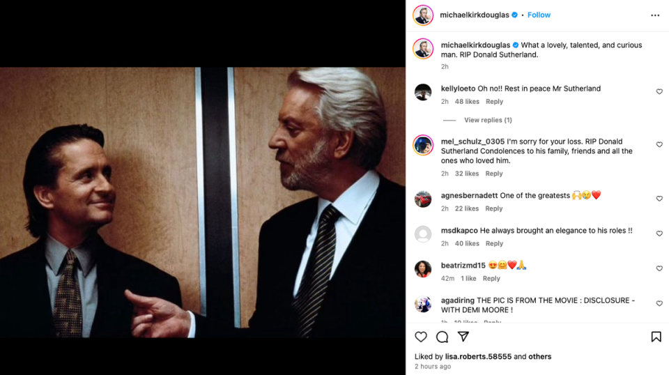 ‘What a lovely, talented, and curious man,’ Michael Douglas wrote on Instagram. ‘RIP Donald Sutherland' (Michael Douglas on Instagram)