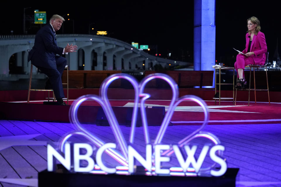 President Donald Trump speaks during an NBC News Town Hall with moderator Savannah Guthrie, at Perez Art Museum Miami, Thursday, Oct. 15, 2020, in Miami. (AP Photo/Evan Vucci)