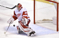 Detroit Red Wings goaltender Thomas Greiss (29) makes a save against the Florida Panthers during the second period of an NHL hockey game Tuesday, Feb. 9, 2021, in Sunrise, Fla. (AP Photo/Jim Rassol)