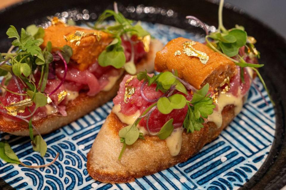 The Hokkaido uni toast prepared at Hello Temaki in Elk Grove last week. Truffle aioli, Japanese sea urchin and fatty tuna is served on baguette slices.