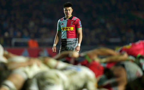 Marcus Smith watches on as Wasps and Harlequins scrum - Credit: Henry Browne/Getty Images