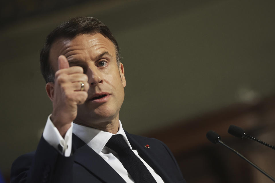 French President Emmanuel Macron delivers a speech on Europe in the amphitheater of the Sorbonne University, Thursday, April 25 in Paris. 2024. French President Emmanuel Macron will outline his vision for Europe as a more assertive global power at the backdrop of war in Ukraine, security, and economic challenges in a speech ahead of pivotal election for the European Parliament in June. (Christophe Petit Tesson, Pool via AP)