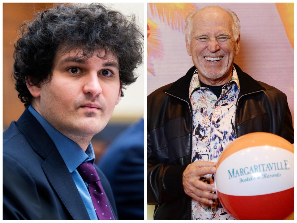 Sam Bankman-Fried and Jimmy Buffett holding a Margaritaville beach ball