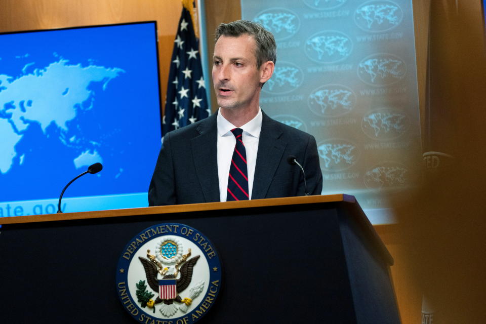 U.S. State Department spokesperson Ned Price speaks during a news conference in Washington, U.S. March 10, 2022. Manuel Balce Ceneta/Pool via REUTERS