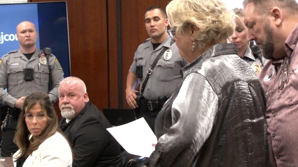 Edward Chandler and his attorney Robin K. Lord look back to Robert Clarke's children Kristina and Shawn in Judge Kimarie Rahill's courtroom in Toms River Friday, March 15, 2024, before they started their victim impact statements. He was sentenced to three years for the aggravated assault of their father outside the Lakeside Diner in Lacey Township .