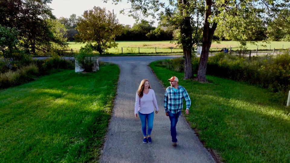 Owners Natalie and Nate Kraft walk the property of Pathfinder Farm near Keedysville. This shot was taken with a drone for an episode of MPT's "Maryland Farm & Harvest" season finale airing March 5, 2024.