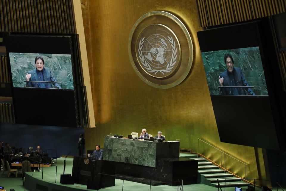 Pakistani Prime Minister Imran Khan addresses the 74th session of the United Nations General Assembly, Friday, Sept. 27, 2019, at the United Nations headquarters. (AP Photo/Frank Franklin II)