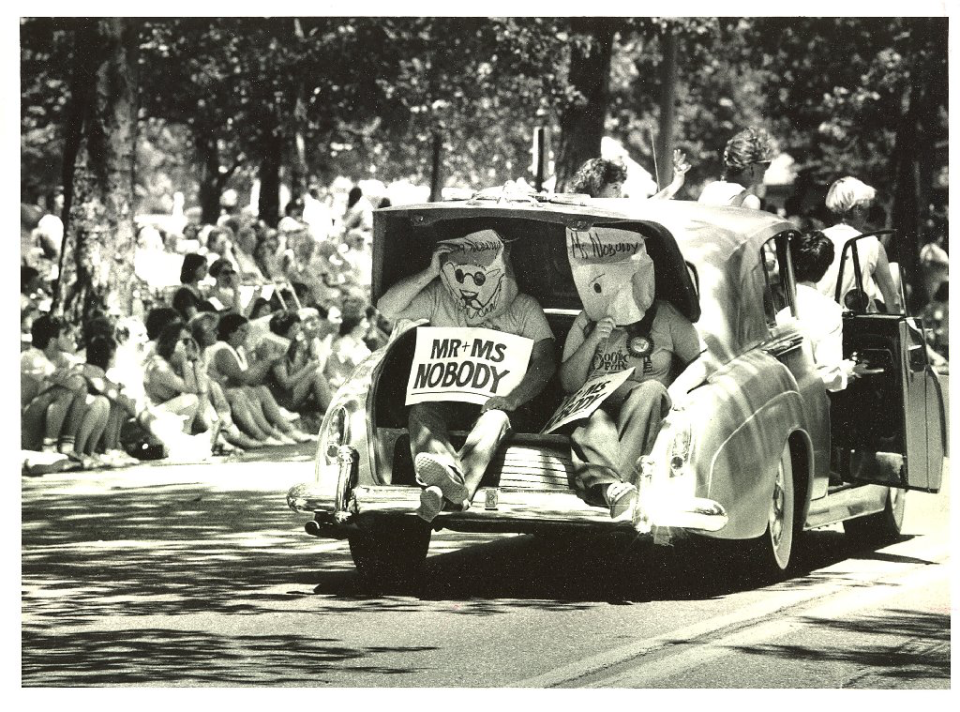 Mr. and Mrs. Nobody riding in the trunk of a car in the Doo Dah Parade on July 4, 1986.