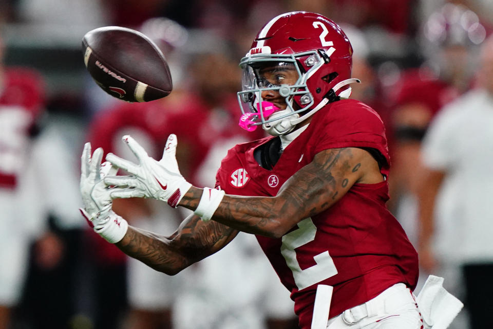 September 28, 2024; Tuscaloosa, Alabama, USA; Alabama Crimson Tide wide receiver Ryan Williams (2) reaches for a pass against the Georgia Bulldogs during the third quarter at Bryant-Denny Stadium. Mandatory attribution: John David Mercer-Imagn Images