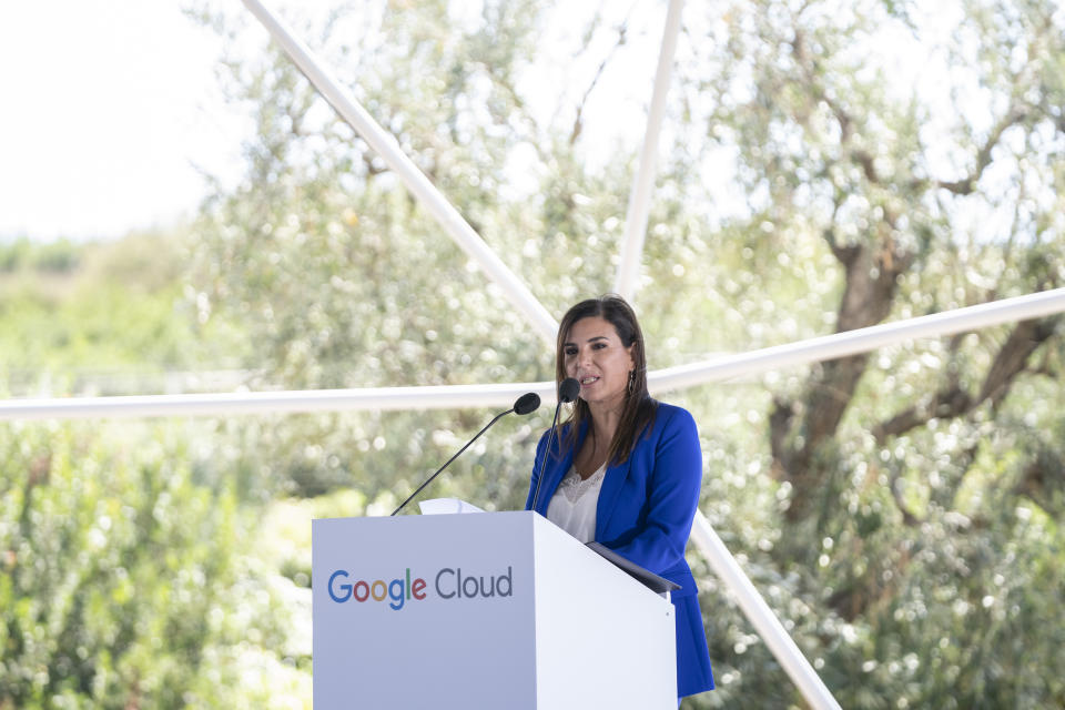 Peggy Antonakou, Google's general manager Southeast Europe speaks at a Google Cloud event in Athens on Thursday, Sept. 29, 2022. Google announced Thursday that it is expending is cloud infrastructure to Greece, following similar investments by tech giants Microsoft and Amazon. (AP Photo/Petros Giannakouris)