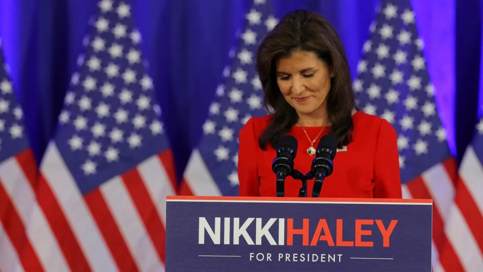 PHOTO: Republican presidential candidate and former U.S. Ambassador to the United Nations Nikki Haley speaks as she announces she is suspending her campaign, March 6, 2024, in Charleston, S.C. (Brian Snyder/Reuters)