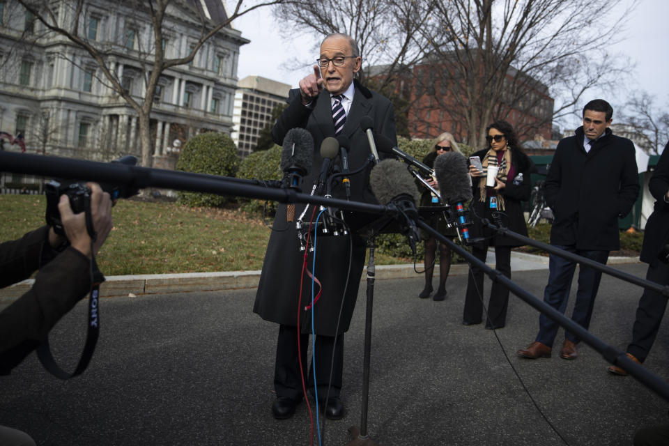 White House chief economic adviser Larry Kudlow talks with reporters outside the White House, Friday, Dec. 6, 2019, in Washington. (AP Photo/ Evan Vucci)