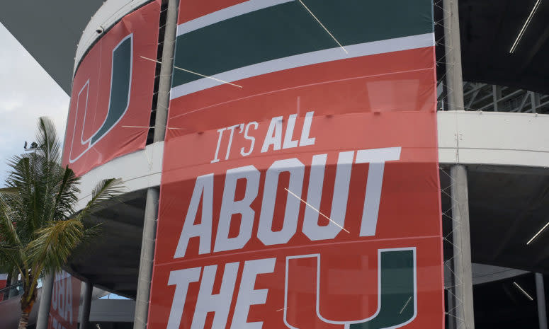 A look at Miami banners hanging outside Hard Rock Stadium.