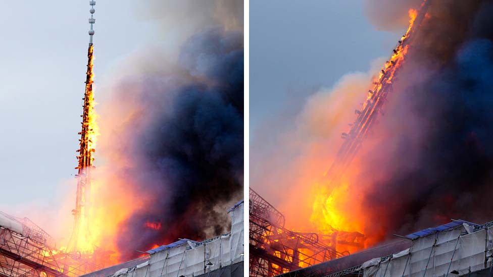 Firefighters spray water to extinguish a fire that broke out in the Copenhagen's Stock Exchange building, in Copenhagen, on 16 April 2024