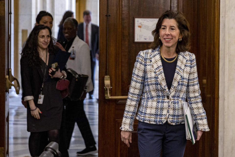 WASHINGTON, DC - APRIL 27: U.S. Secretary of Commerce Gina Raimondo arrives to testify at the US Capitol on April 27, 2022 in Washington, DC. Commerce Secretary Gina Raimondo testified at the Senate Commerce Committee hearing on the Commerce Department's FY 2023 budget. (Photo by Tasos Katopodis/Getty Images)