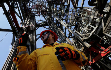 Employee works at the Centenario deep-water oil platform in the Gulf of Mexico off the coast of Veracruz, Mexico January 17, 2014. REUTERS/Henry Romero