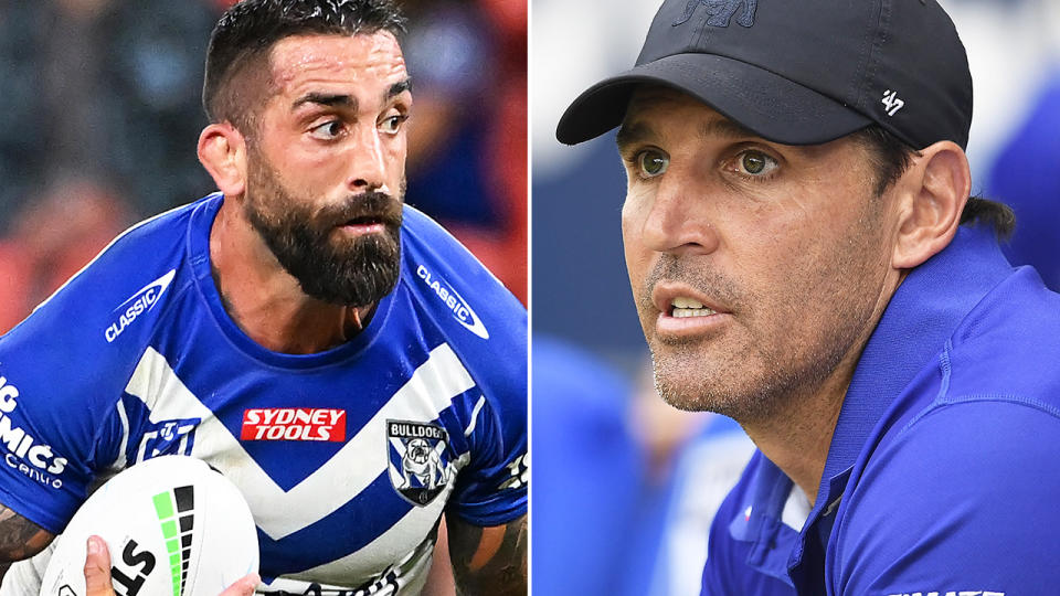 Bullodgs player Paul Vaughan ripped into the waiting media pack outside the Canterbury facility on Monday after it was made public that coach Trent Barrett had stood down. Pictures: Getty Images