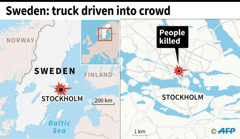 A woman reacts during a minute of silence to commemorate the victims of Friday's terror attack at a makeshift memorial near the site where a truck drove into Ahlens department store in Stockholm, Sweden, on April 10, 2017