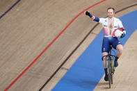 <p>Britain's Jason Kenny waves after winning gold in the Men's Track Cycling Keirin Final during the Tokyo 2020 Olympic Games.</p>