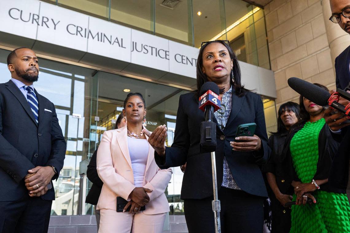 Alisa Simmons, the Tarrant County Commissioner of Precinct 2, speaks to the media gathered regarding Crystal Mason and her acquittal in a high-profile voting rights case at the Tim Curry Criminal Justice Center in Fort Worth on Friday, March 29, 2024. The Texas Second Court of Appeals reversed Mason’s conviction on Thursday evening where she had faced five years in prison for submitting a provisional ballot in Tarrant County in 2016 that was never counted as a vote