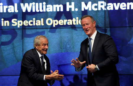 Retired U.S. Navy Admiral William McRaven (R), the former head of U.S. special operations who oversaw the raid on Osama bin Laden, speaks along side Reuters Editor at Large Sir Harold Evans at a Reuters Newsmakers event in New York City, New York, U.S., May 22, 2019. REUTERS/Mike Segar