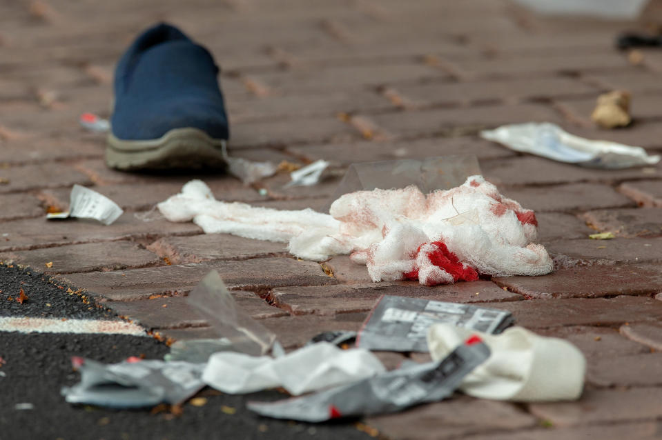 Bloodied bandages on the road following a shooting at the Al Noor mosque in Christchurch, New Zealand, March 15, 2019. (Photo: SNPA/Martin Hunter /Reuters)