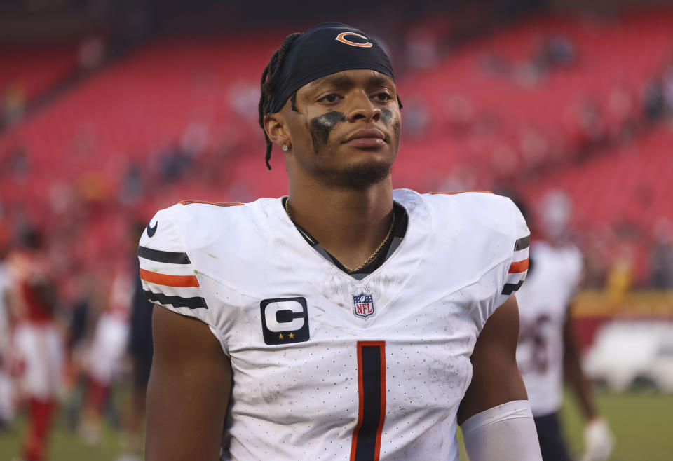 Chicago Bears quarterback Justin Fields (1) walks off the field after a 41-10 loss against the Kansas City Chiefs at Arrowhead Stadium on Sept. 24, 2023, in Kansas City, Missouri. (Brian Cassella/Chicago Tribune/Tribune News Service via Getty Images)