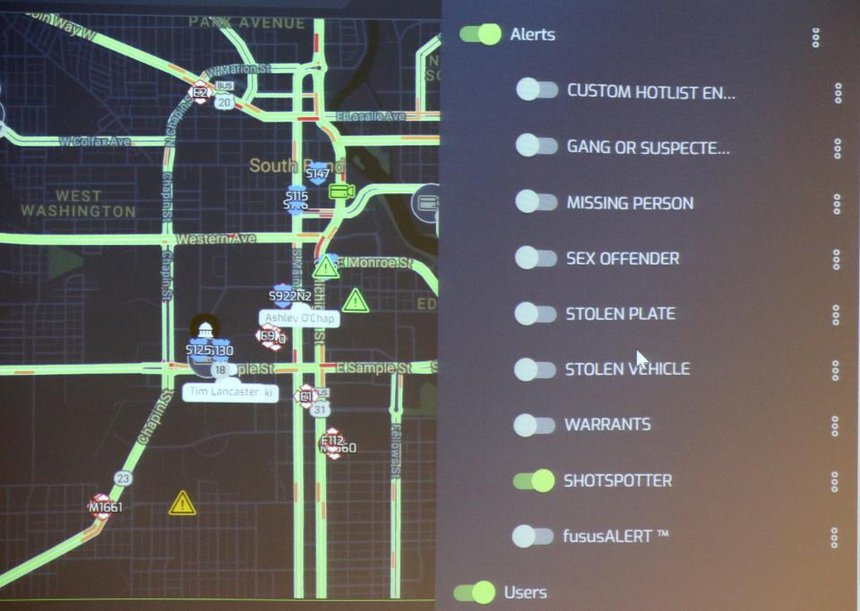 An interactive map shows from one American city's police department how the Fusus system is used for tracking real-time crime investigations — at the South Bend Police Headquarters in 2022.