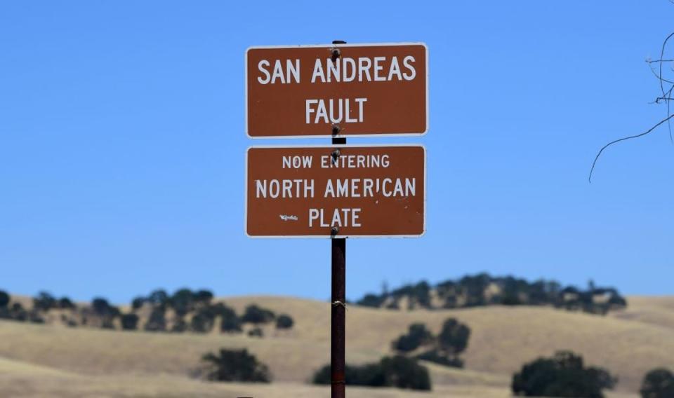 The San Andreas Fault is a tectonic boundary between the Pacific Plate, which is moving northwest at three inches per year, and the North American Plate, which is moving south about one inch per year.  (AFP via Getty Images)