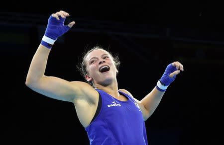 Boxing - Gold Coast 2018 Commonwealth Games - Women's 57kg Final Bout - Oxenford Studios - Gold Coast, Australia - April 14, 2018. Skye Nicolson of Australia. celebrates after winning. REUTERS/Athit Perawongmetha