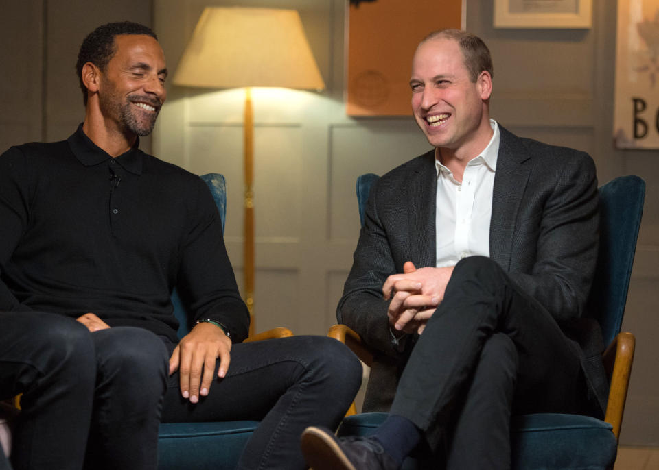 Prince William (pictured with former English soccer star Rio Ferdinand) joked that his brother's not asking him to be best man yet may be "a sensitive subject." (Photo: PA Wire/PA Images)