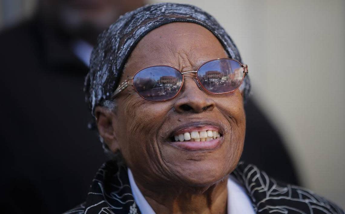 Opal Lee looks over the crowd at Sundance Square following the Martin Luther King Day parade in 2017.