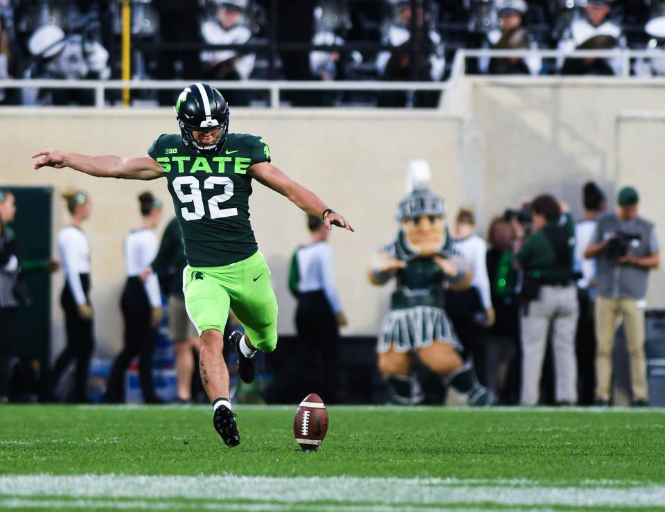 MSU freshman Evan Morris kicks off against WMU Saturday, Sept. 7, 2019, at Spartan Stadium.