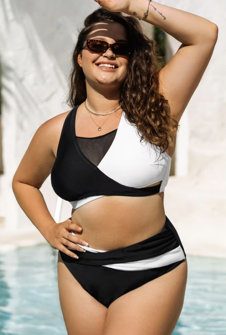 3) Emerge Colorblock Wrap Cutout & Mid Rise Plus Size Bikini Set