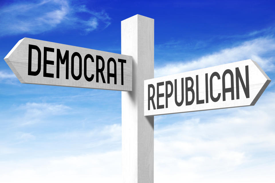 White wooden signpost/ crossroads sign with two arrows - "democrat", "republican".   