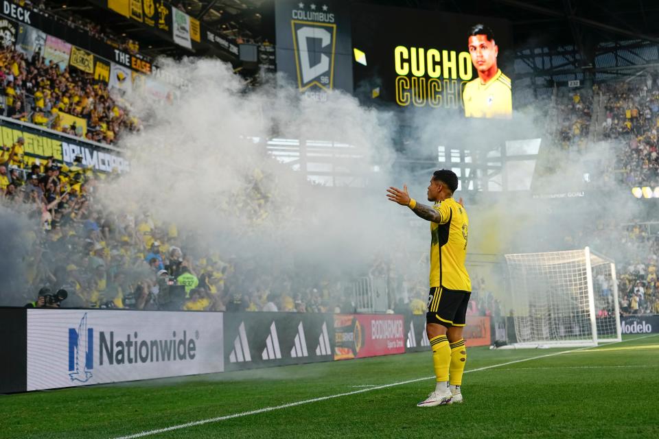 Jul 6, 2024; Columbus, OH, USA; Columbus Crew forward Cucho Hernandez (9) celebrates scoring a goal during the first half of the MLS soccer match against Toronto FC at Lower.com Field.