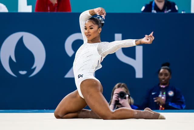 <p>Tom Weller/VOIGT/Getty</p> Jordan Chiles doing floor routine at Paris Olympics