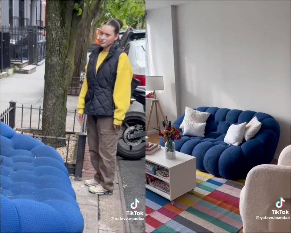 A TikTok of a woman thrifting a sofa from the streets of NYC has horrified viewers (yafavv.manda / TikTok)