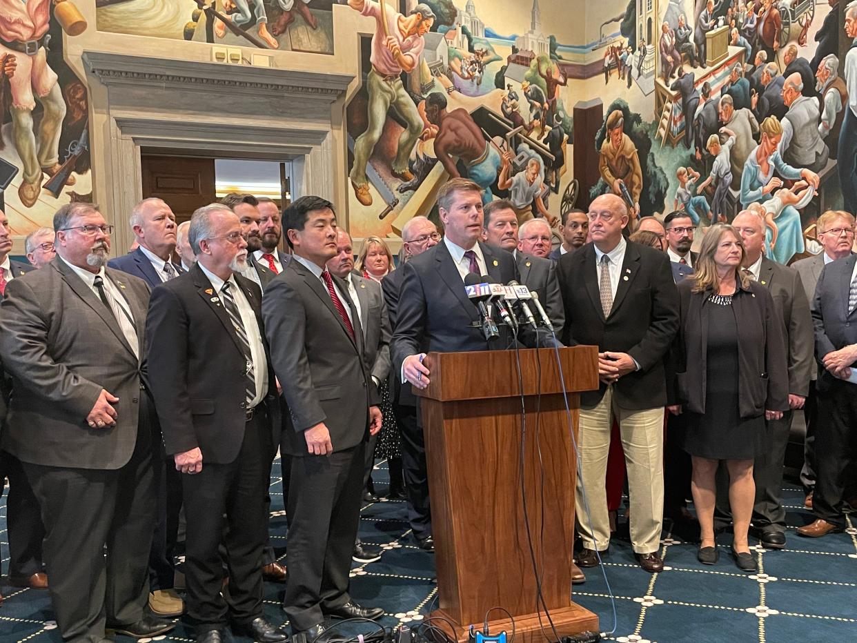 Missouri House Speaker Dean Plocher delivers remarks to reporters on January 3, 2024 in Jefferson City following the start of the legislative session.